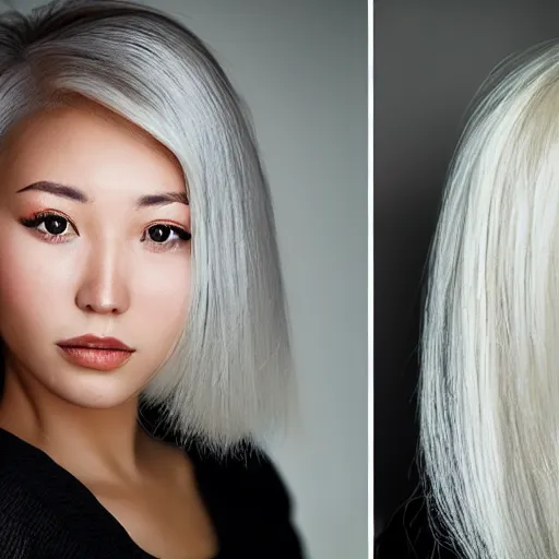 Prompt: a portrait of a Eurasian woman from Kyrgyzstan. 34 years old. Platinum blond hair color. Bob hair style