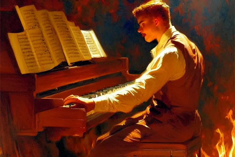 Image similar to attractive male playing piano in fire, painting by gaston bussiere, craig mullins, j. c. leyendecker