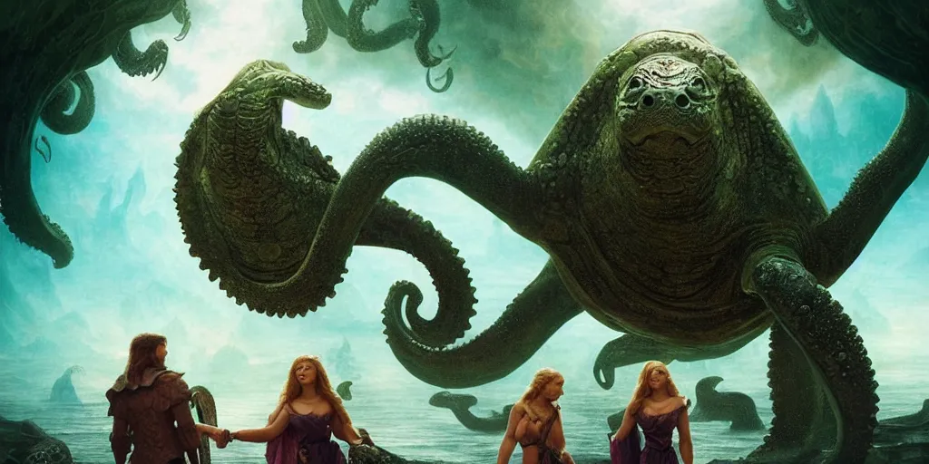 Prompt: Fantasy fairytale story, Great Leviathan Turtle, cephalopod, Cthulhu Squid, Mysterious Island, center Universe, accompany hybrid, Cory Chase, Blake Lively, Anya_Taylor-Joy, Grace Moretz, Halle Berry, Mystical Valkyrie, Anubis-Reptilian, Atlantean Warrior, intense fantasy atmospheric lighting, hyperrealistic, William-Adolphe Bouguereau, François Boucher, Jessica Rossier, Michael Cheval, michael whelan, Cozy, hot springs hidden Cave, candlelight, natural light, lush plants and flowers, Spectacular Mountains, bright clouds, luminous stellar sky, outer worlds, Solar Flare Unreal Engine, HD,