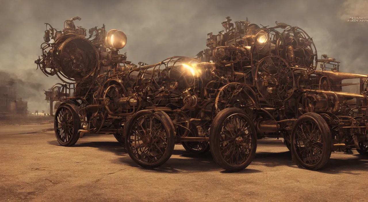 Image similar to Steampunk car, 8K, from a distance, trending on artstation, 8K 3D, volumetric light, lightrays, smoke, cinematic, atmospheric, octane render, insanely detailed and intricate by jules verne