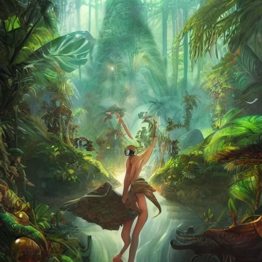 Prompt: at the heart of the jungle lies a mysterious secret, by ross tran, oil on canvas