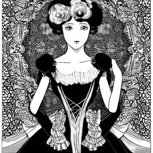 Image similar to Portrait a woman in Victorian clothing, Art by Yana Toboso, manga, black and white, japanese ink, high contrast, digital art