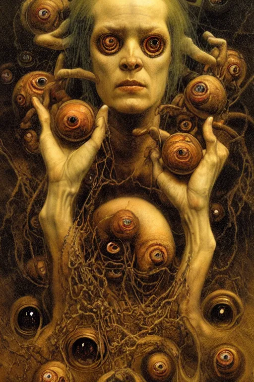 Image similar to portrait of a jar of eyeballs in the style of wayne barlowe, gustav moreau, goward, bussiere, roberto ferri, santiago caruso, luis ricardo falero, austin osman spare