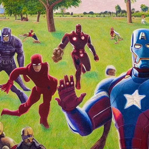 Prompt: ironman, thanos, captain america a sunday afternoon on the island of la grande jatte, painting