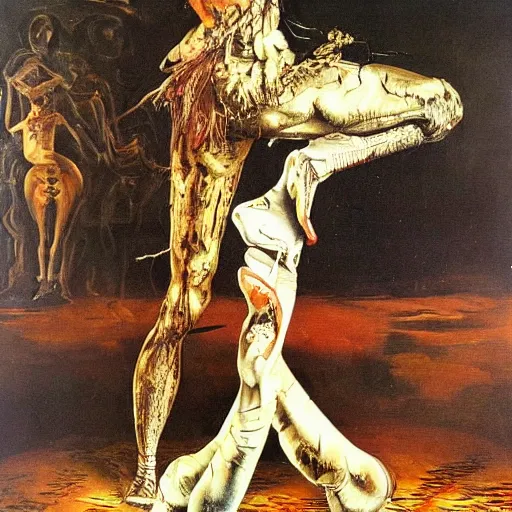 Image similar to a highly detailed painting of an elegant male dancer on flamingo legs by salvador dali and vadim stein, in a domed destroyed ballroom splattered with rot and decay by albrecht durer, dramatic lighting