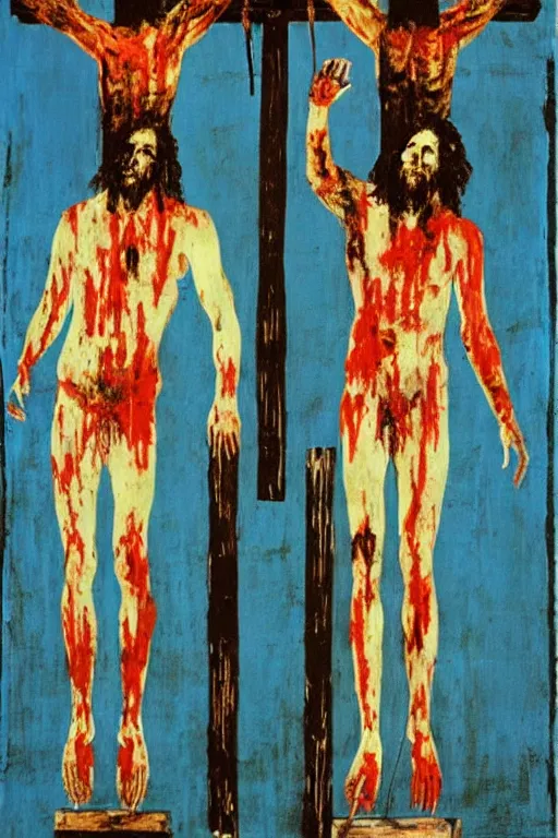 Image similar to bloody jesus christ crucified painted by cy twombly and andy warhol