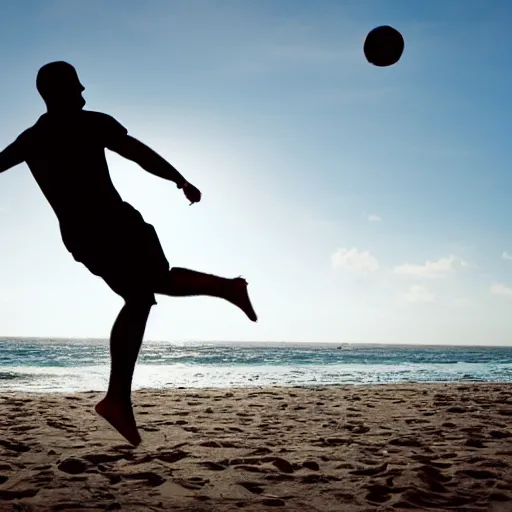 Prompt: a man kicking a ball at the beach