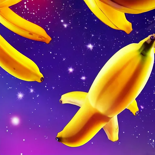 Prompt: a banana flying through space and stars, glowing, digital art, stunning, detailed, very colorful, beautiful 8k