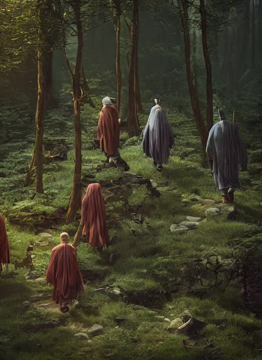 Image similar to Monk, Bard, Wizard and Cleric walking on a dark trail in forest, intricate artwork by Tooth Wu and wlop and beeple. octane render, hyper realism, 8k