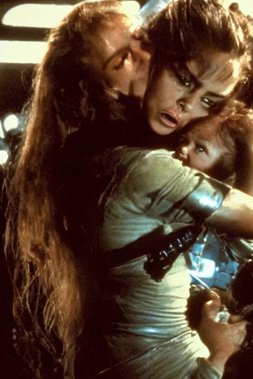 Prompt: film still of sofia vergara in the movie Alien, xenomorph holding sofia in a chokehold, sofia unconscious, cinematic shot, 4k.