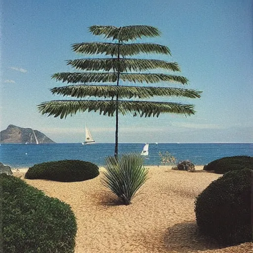 Image similar to “A photo of a beach and a french garden in 1993, tarot-like landscape it's lit by the camera flash. Surreal Greek architecture, mason, occult tarot symbols. Far away sail boat at the ocean”