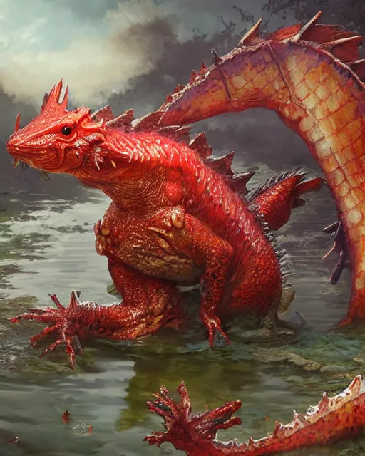 Image similar to game character beautiful giant kaiju sized pond dragon half fish half salamander, wet amphibious skin, red salamander, axolotl creature, koi pond, korean village by Ruan Jia and Gil Elvgren, fullbody