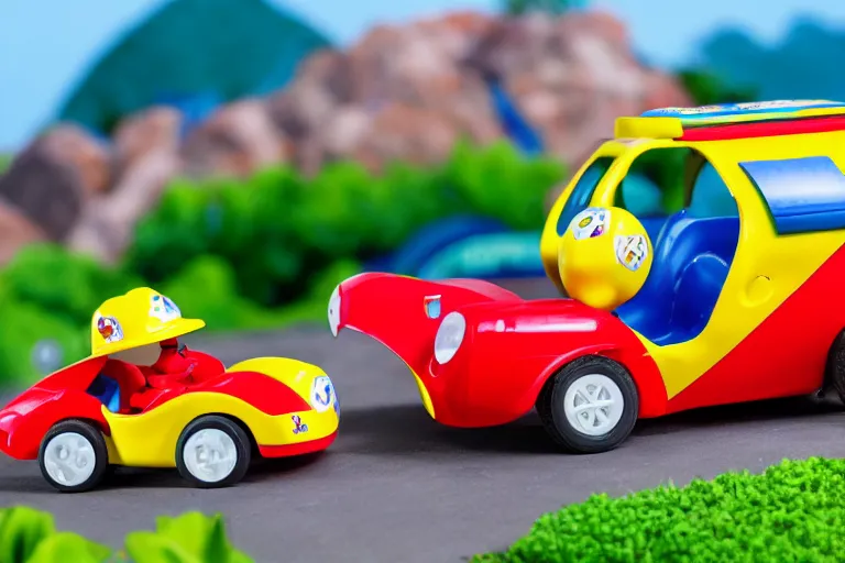 Image similar to fisher price race car through suburban mountains, construction in the distance Scene from TV show 85mm