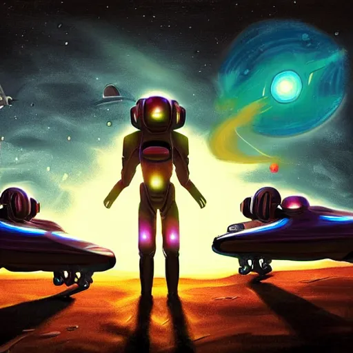 Image similar to A colorful painting of humanoid Aliens of the Sun on a space planet environment with futuristic vehicles, inspired by Keith Mallett, digital art, extremely moody lighting, glowing light and shadow, atmospheric, shadowy, cinematic