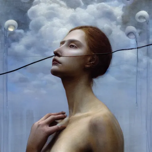 Image similar to portrait of a woman, covered in transparent cloth, plastic, thunder clouds, flat background, Masterpiece, glowing, wires everywhere, by Edgar Maxence and Ross Tran, Zdzisław Beksiński, and Michael Whelan, distant, gustav dore, H.R. Giger, 8k, octane render