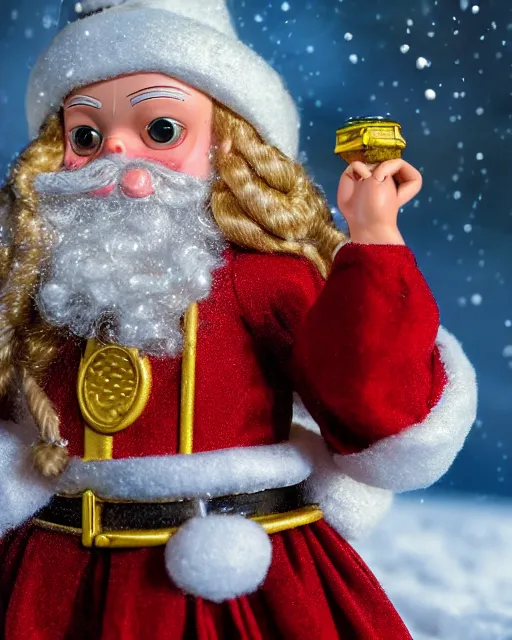 Image similar to highly detailed closeup, portrait of a tin toy santa greta thunberg as hermione granger, bikini, depth of field, fashion photoshoot by nicoletta ceccoli, mark ryden, lostfish, dan decarlo, bob clampett, max fleischer, breathtaking, detailed and intricate snowenvironment, 8 k resolution, hyperrealistic, octane render