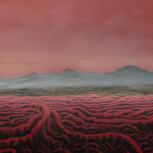 Prompt: a landscape made of giant intestines and other organs, monoliths of bone, rivers of blood, under an oppressive red sky