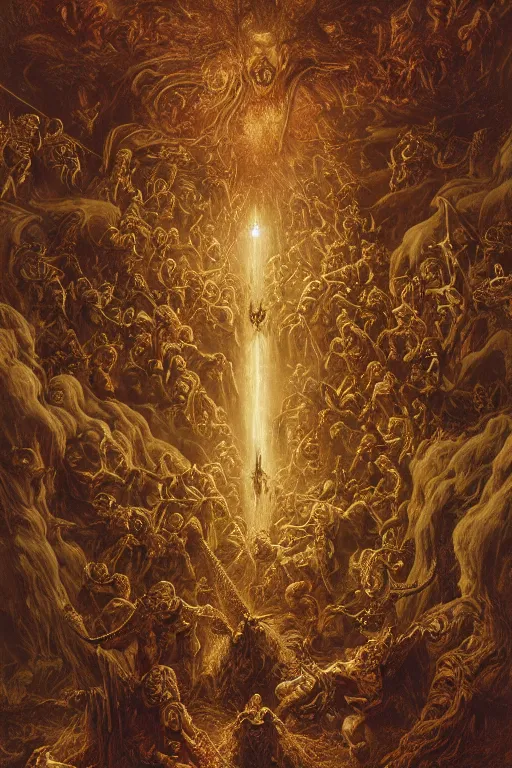 Prompt: demons and angels locked in epic battle, in style of Doom, in style of Midjourney, meticulously detailed and intricate, golden ratio, elegant, ornate, horror, elite, ominous, haunting, matte painting, cinematic, cgsociety, Gustave Dore, James jean, Noah Bradley, Darius Zawadzki, Zdizslaw Beksinski, high detail vintage engraving illustration