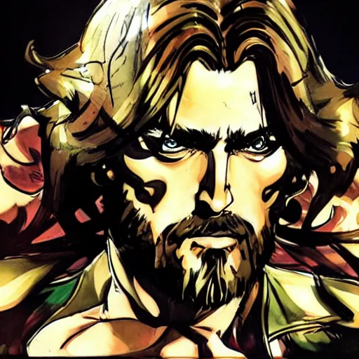 Image similar to portrait jesus in a jojo pose about to fight the final boss, illustration by yoji shinkawa