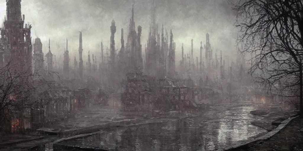 Image similar to Brutalist architecture magical ancient Slavic city of Kitezh in mist,, magical glow, magic mist, strange buildings, oil painting, painting by Viktor Vasnetsov, concept art, fantasy cityscape, ancient Russian architecture, painting by Ivan Shishkin, hyperborea, high resolution, huge factories, trending on artstation,