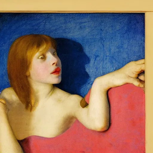 Image similar to close up of a girl in a blue and gold haunted liminal abandoned room, film still by edward hopper, by Pontormo, by klimt, pre-raphaelite, art noveau, highly detailed, strong lights, liminal, eerie, Bright pastel colors