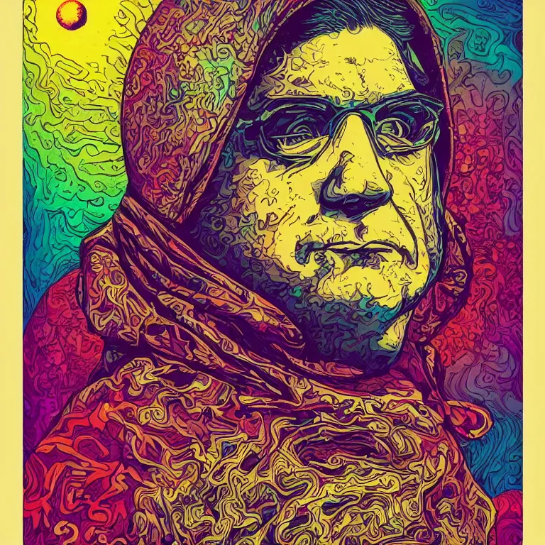 Prompt: beautiful colorful hyperrealist highly detailed psychedelic music poster'the floating head of patton oswalt ', psychedelic art nouveau, beautiful high contrast colored wood engraving, moebius comic style, shocking detail trending on artstation 8 k