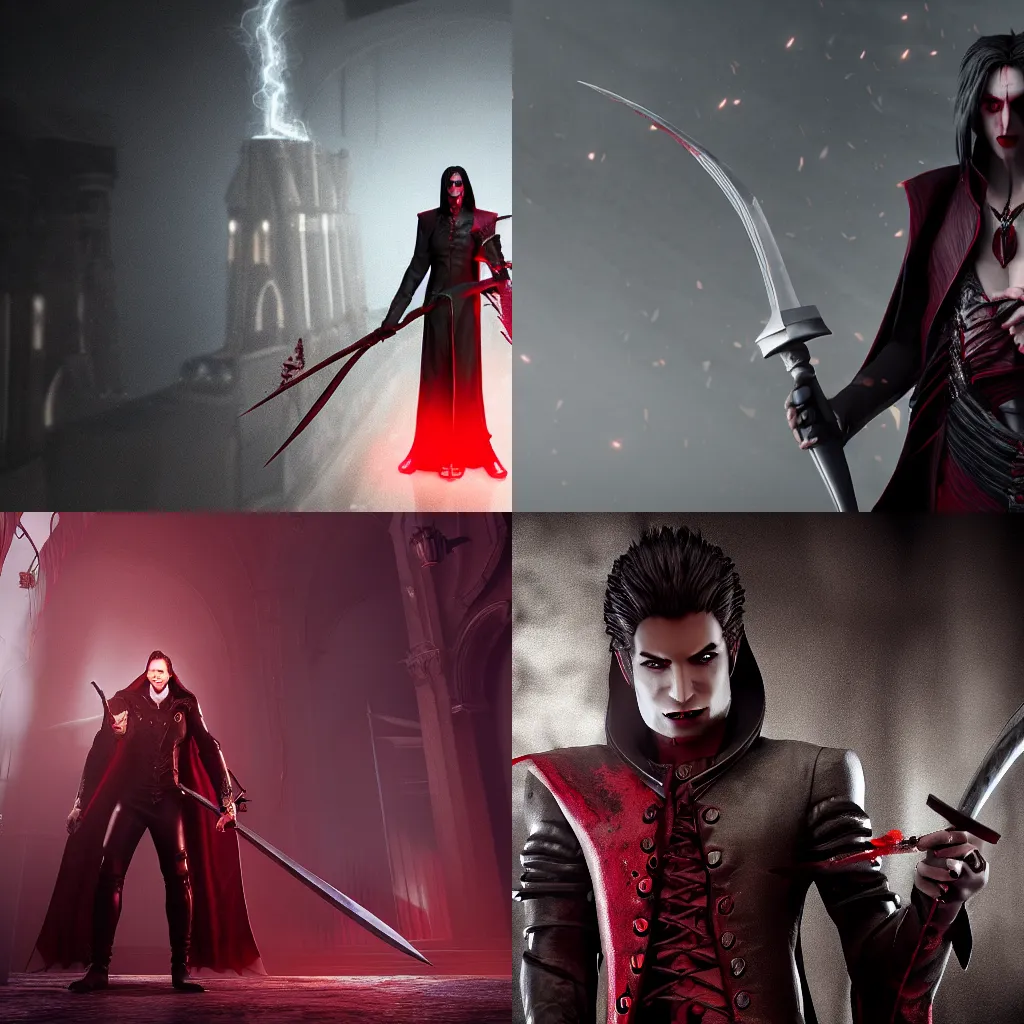 Prompt: vampire in noble clothes holding a blood sword, unreal engine octane render, cinematic, dramatic lighting
