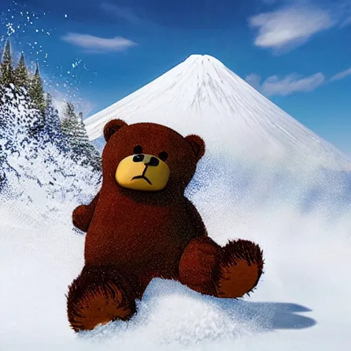 Prompt: teddy bear, snowboarding on a volcano with spongebob