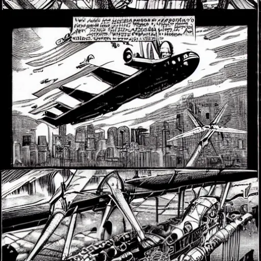 Prompt: steampunk flying air-ship conceot art, design art by Dave Gibbons, Jack Kirby, Will Eisner