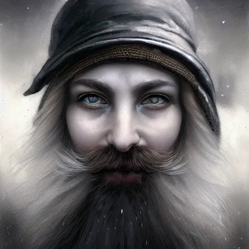 Prompt: By Tom Bagshaw, ultra realist soft painting of gloomy universe by night, steampunk Dwarf smile beard, symmetry accurate features, very intricate details, ominous sky, black and white, volumetric light clouds