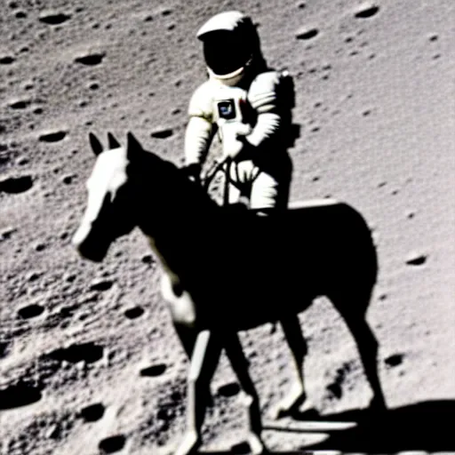 Prompt: old photo of an astronaut on his suited horse, photo taken on the moon