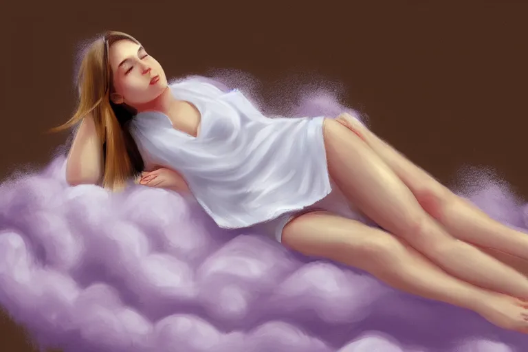 Image similar to a cute beautiful girl sitting on a cloud relaxing, digital painting, portrait