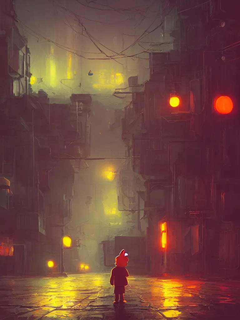 Image similar to a single little boy, two oranges and a white rabbit in a dark alley city with neonlights by night a painting from stalenhag, 4 k, 8 k, hdr, artstation, concept art