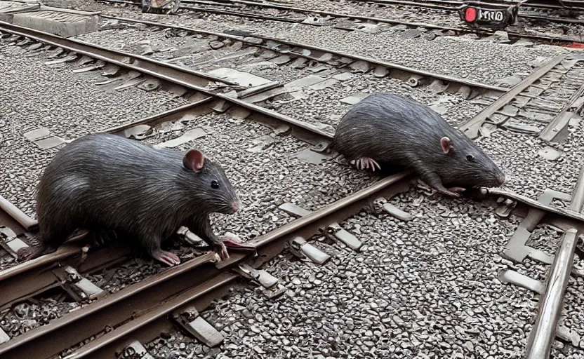 Image similar to giant rat sitting on railways of tonnel of moscow subway. extreme high detail. photo by russos.