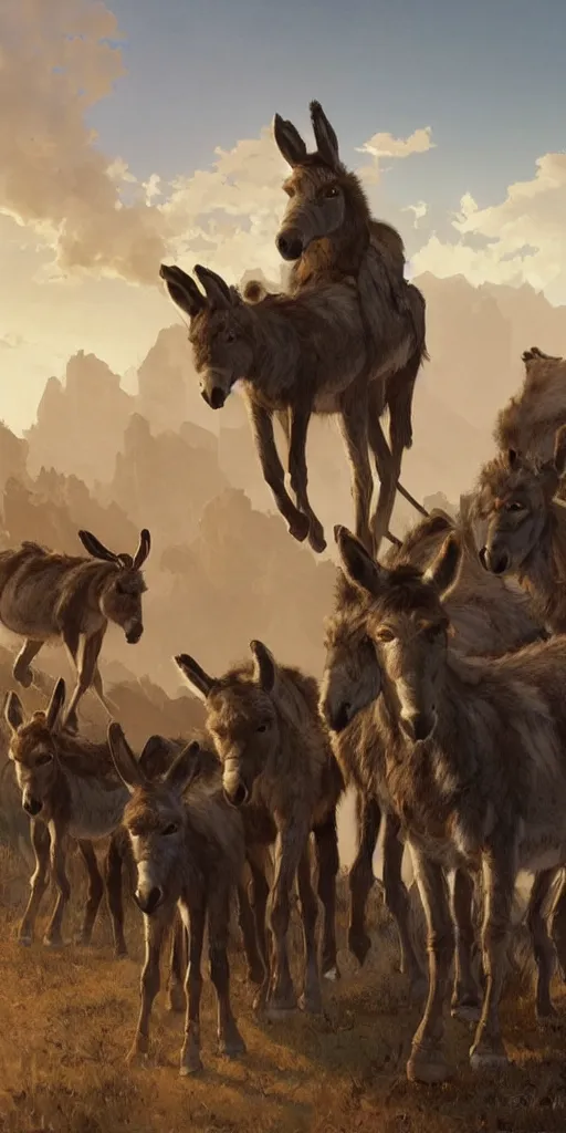 Prompt: wild donkeys roaming in a post - apocalyptic united states, highly detailed, digital painting, artstation, concept art, smooth, sharp focus, illustration, art by artgerm and greg rutkowski and alphonse mucha, 8 k