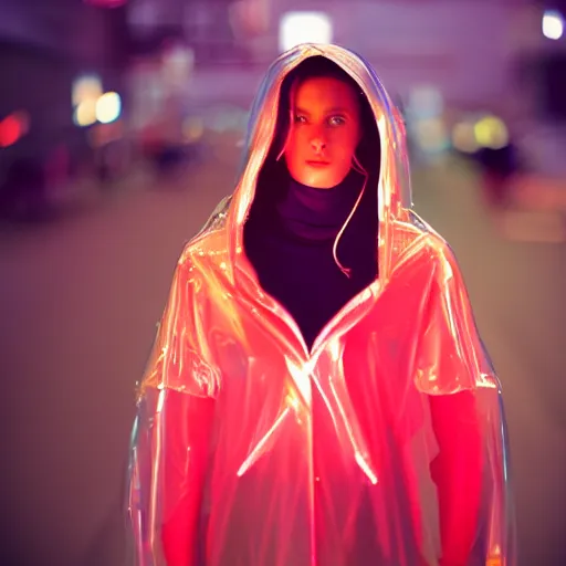 Image similar to A realistic and detailed portrait photography of a woman wearing a futuristic transparent raincoat with hoodie. by Annie Leibovitz. Neo noir style. Cinematic. Red neon lights and glow in the background. Cinestill 800T film. Lens flare. Helios 44m. Ultra detail. Photoreal. Depth of field.