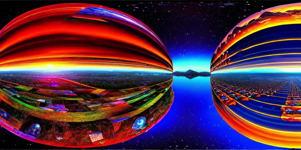 Image similar to equirectangular panorama landscape multiverse, trending on artstation, cinematic composition, beautiful lighting, hyper detailed, 8 k, oil on canvas