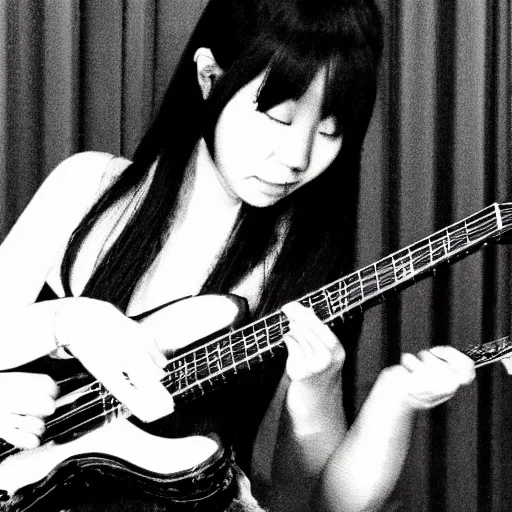 Image similar to a black and white photograph of a female japanese artist playing an electric guitar