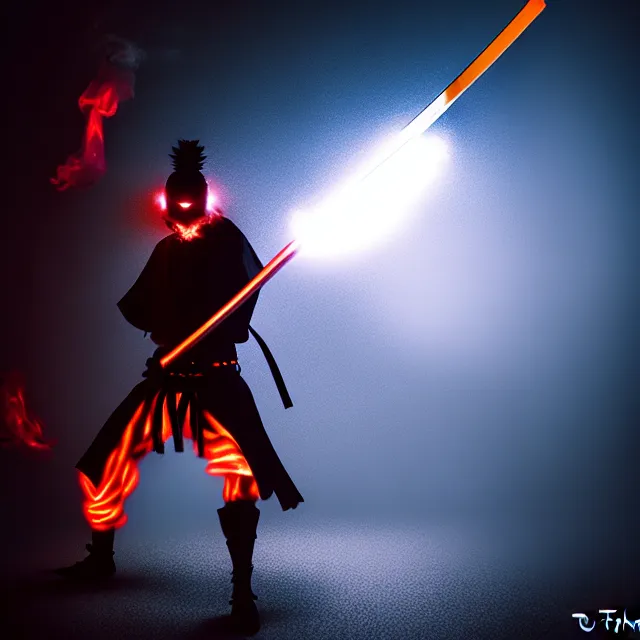 Image similar to cyber samurai fire dance slashing sword atomic, detailed bushido form smoke, fighting stance atomic energy, shibuya prefecture, cinematic neon uplighting, fog mist smoke, photorealistic, night photography by tomino - sama