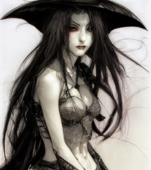 Prompt: portrait of anime succubus with long hair wearing a witch hat, pen and ink, beautiful eyes and lips, intricate line drawings, by craig mullins, ruan jia, kentaro miura, greg rutkowski, loundraw