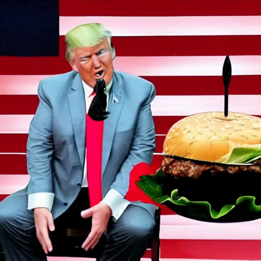 Image similar to a photo of donald trump eating the biggest hamburger in the world