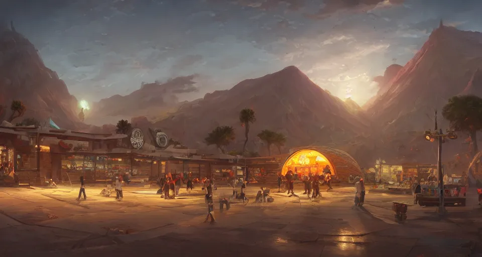 Prompt: biggest taco shop in the world, concept art by noah bradley, darek zabrocki, tyler edlin, jordan grimmer, neil blevins, james paick, natasha tan, highly detailed, ultra detailed, ultra realistic, trending on artstation