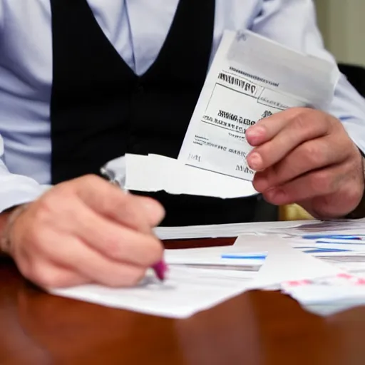 Prompt: close up of jimmy carr paying his tax return, digital image