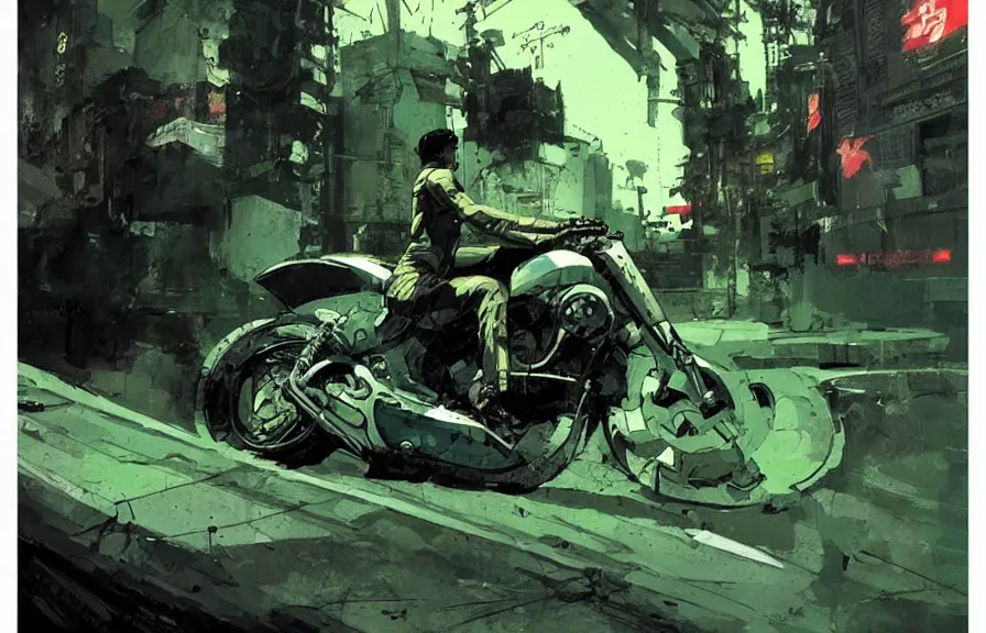 Prompt: Iconic Akira motorcycle slide, by Greg Rutkowski and Dave McKean green color palette