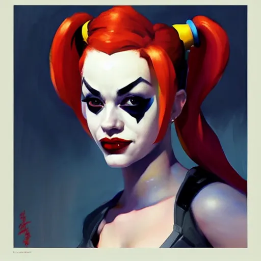 Image similar to Greg Manchess portrait painting of Harley Quinn as Overwatch character, medium shot, asymmetrical, profile picture, Organic Painting, sunny day, Matte Painting, bold shapes, hard edges, street art, trending on artstation, by Huang Guangjian and Gil Elvgren and Sachin Teng