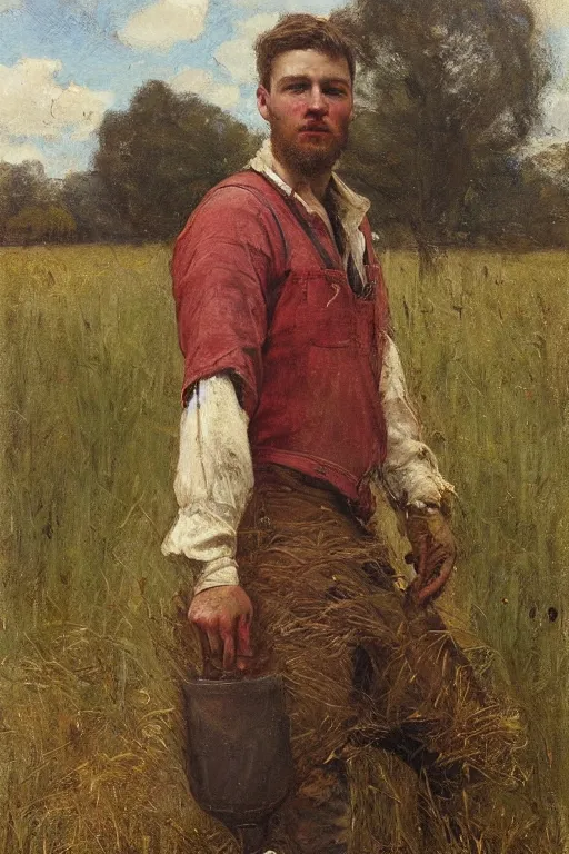 Image similar to Solomon Joseph Solomon and Richard Schmid and Jeremy Lipking victorian genre painting full length portrait painting of a young farmer working in the field, red background