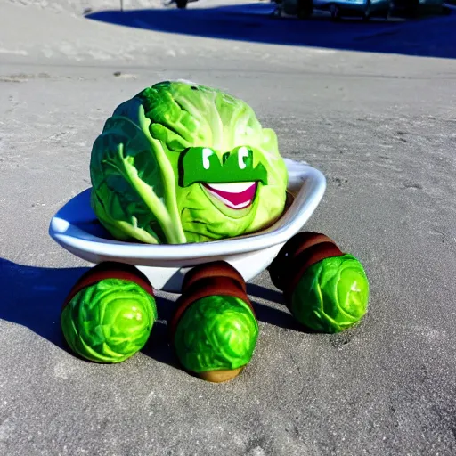 Prompt: cabbage car with brussels sprouts wheels having fun at the beach