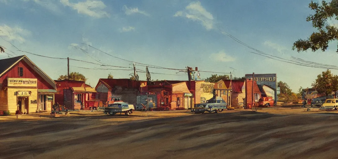 Image similar to concept art of a small rural town in middle America in the 1960s, detailed, Americana, golden hour