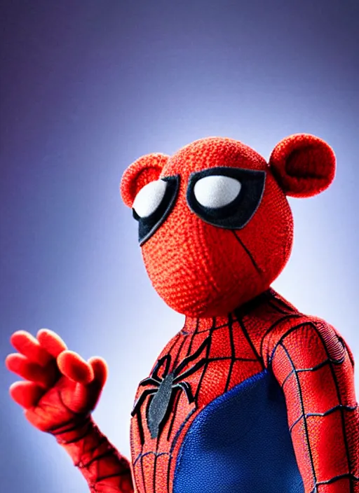 Image similar to studio portrait still of muppet!!!!! spiderman in avengers endgame!!!!!! as a muppet muppet as a muppet, 8 k, studio lighting, key light,