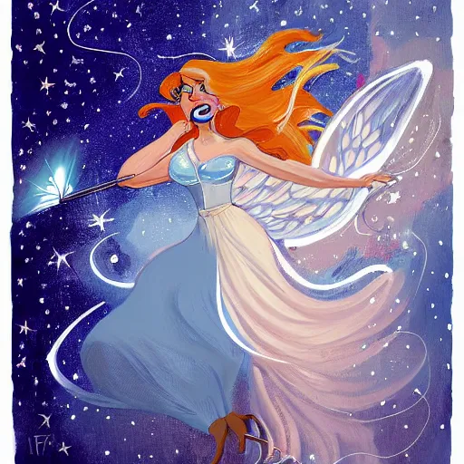 Prompt: The painting features a woman with wings made of stars, surrounded by a blue and white night sky. The woman is holding a staff in one hand, and a star in the other. She is wearing a billowing white dress, and her hair is blowing in the wind. Dexter's Lab by Anton Fadeev manmade